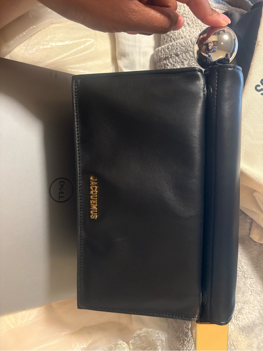 Jacquemus Black Leather Clutch with Gold Ball and Bar Detail